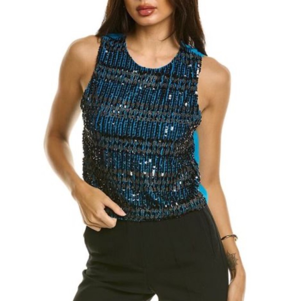 Alice + Olivia Amal Tank Black and Blue‎ Sequin Crop top XL